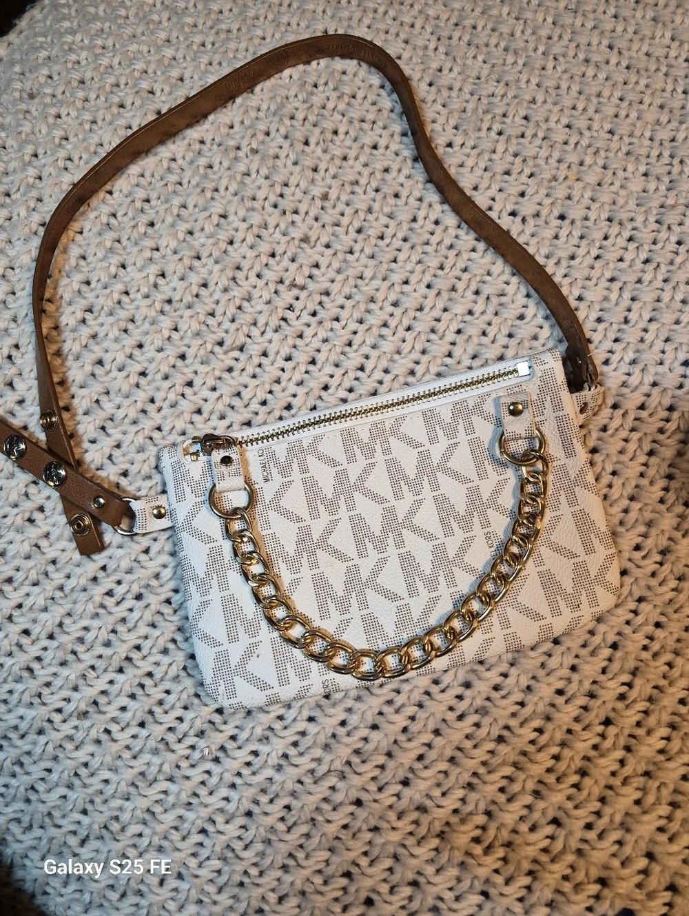 Michael Kors Signature Logo Pull Chain Belt Bag with Gold Hardware, 7.5×5, EUC